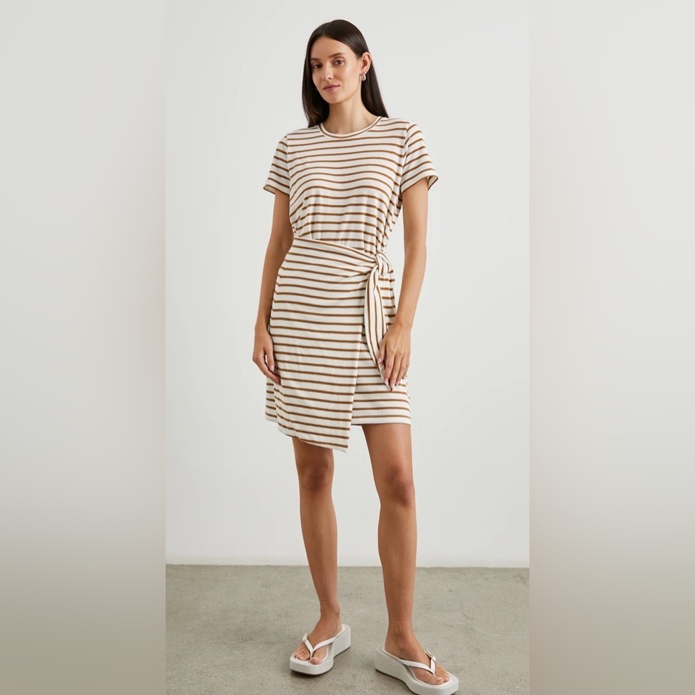 Rails Edie Dress Carmel Stripe Size Small S Short Sleeve Wrap 100% Cotton Crew